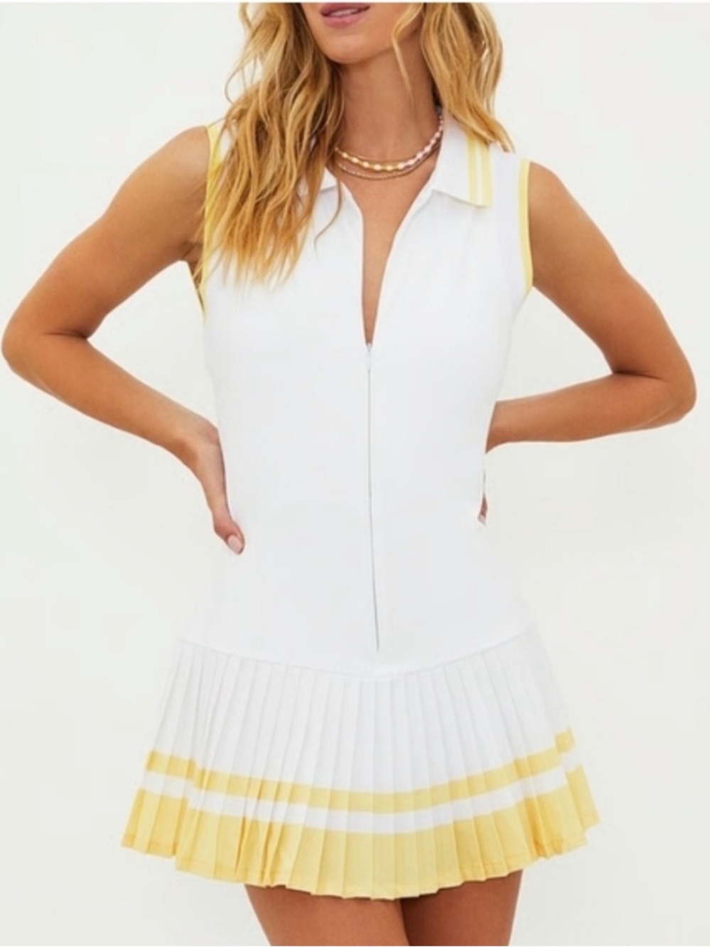 Beach Riot White and Yellow Sleeveless Pleated Mini Dress